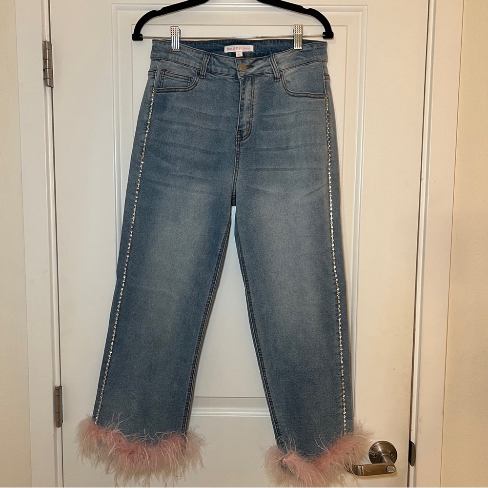 Hot & Delicious Jeans with Rhinestones and Faux Fur Size L
